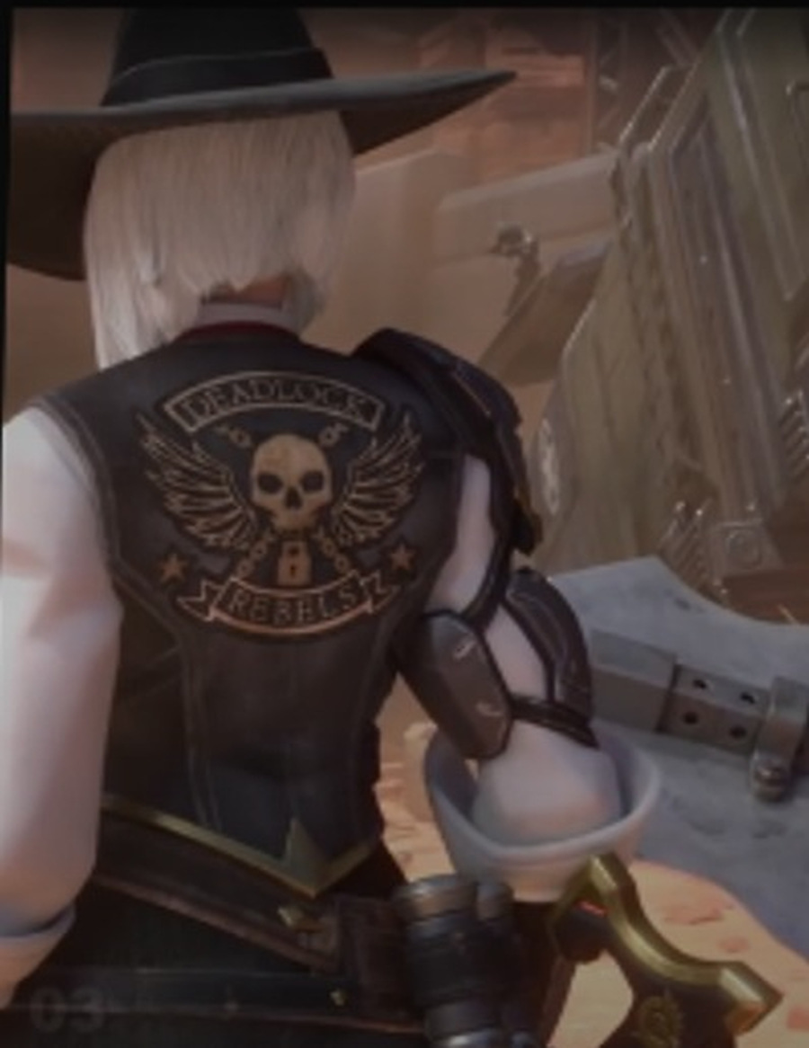 A stylized game cinematic character seen from behind