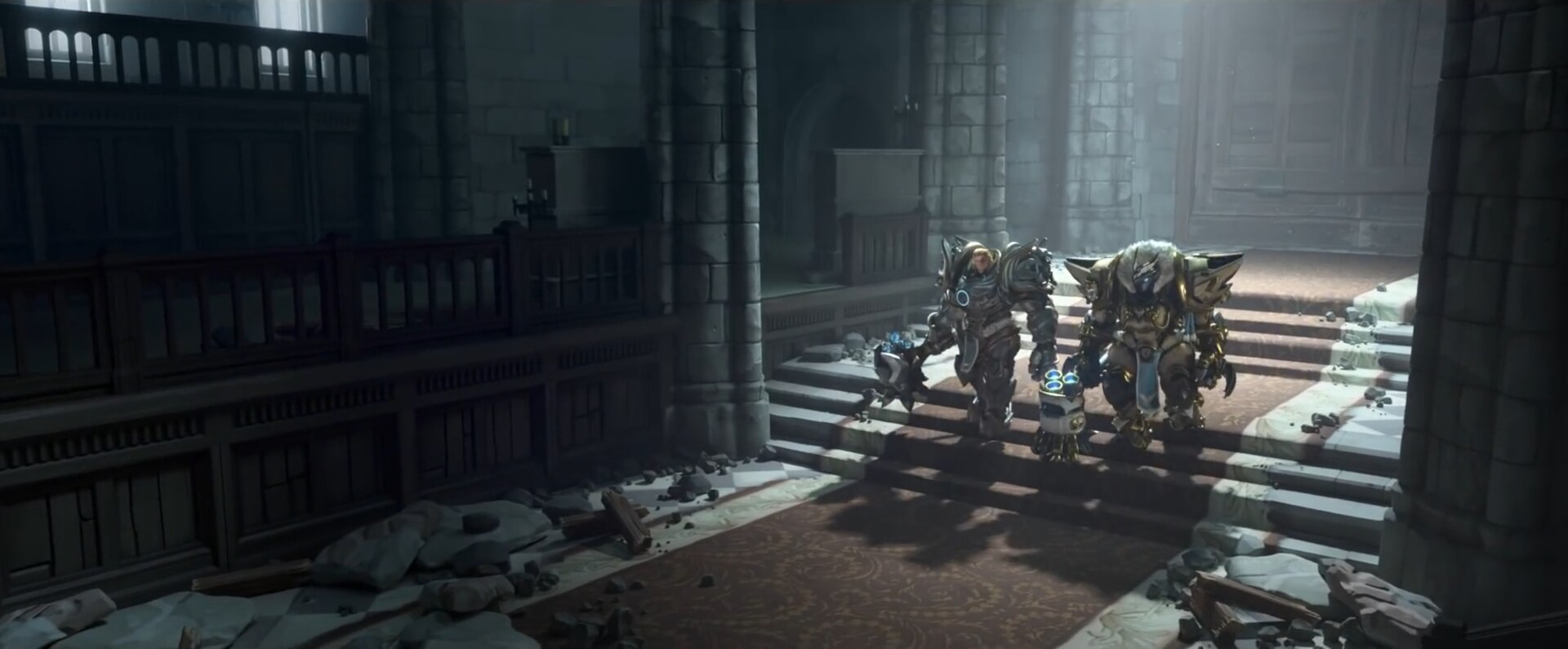 Overwatch: Honor and Glory: Hard light through a ruined interior